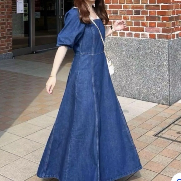 π ZARA DARK WASH DENIM PUFF SLEEVE MAXI DRESS! - Picture 8 of 16